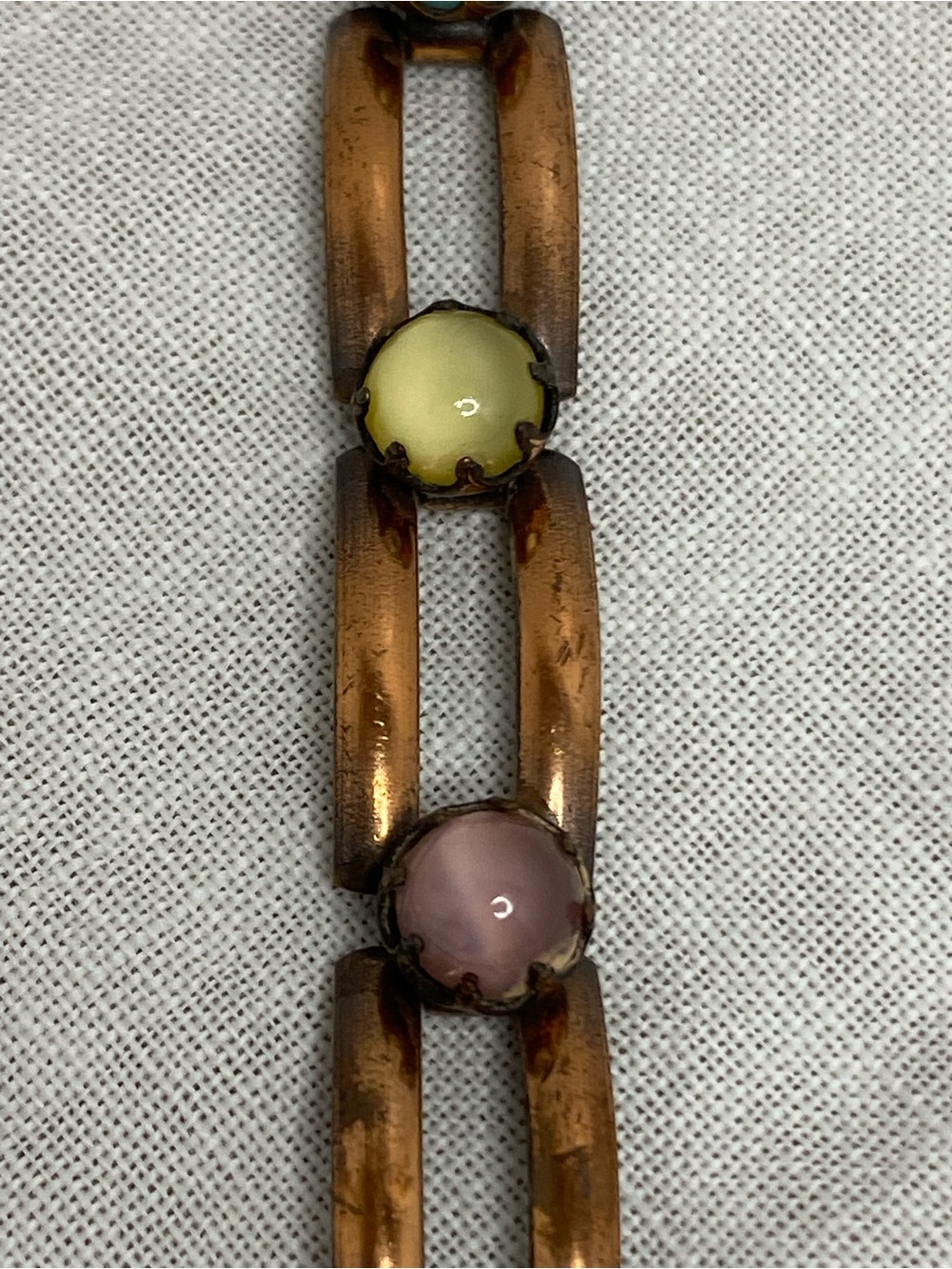 Vintage Copper Tone Moonglow Lucite Cabochon Link Bracelet Pastel MCM - Picture 3 of 16